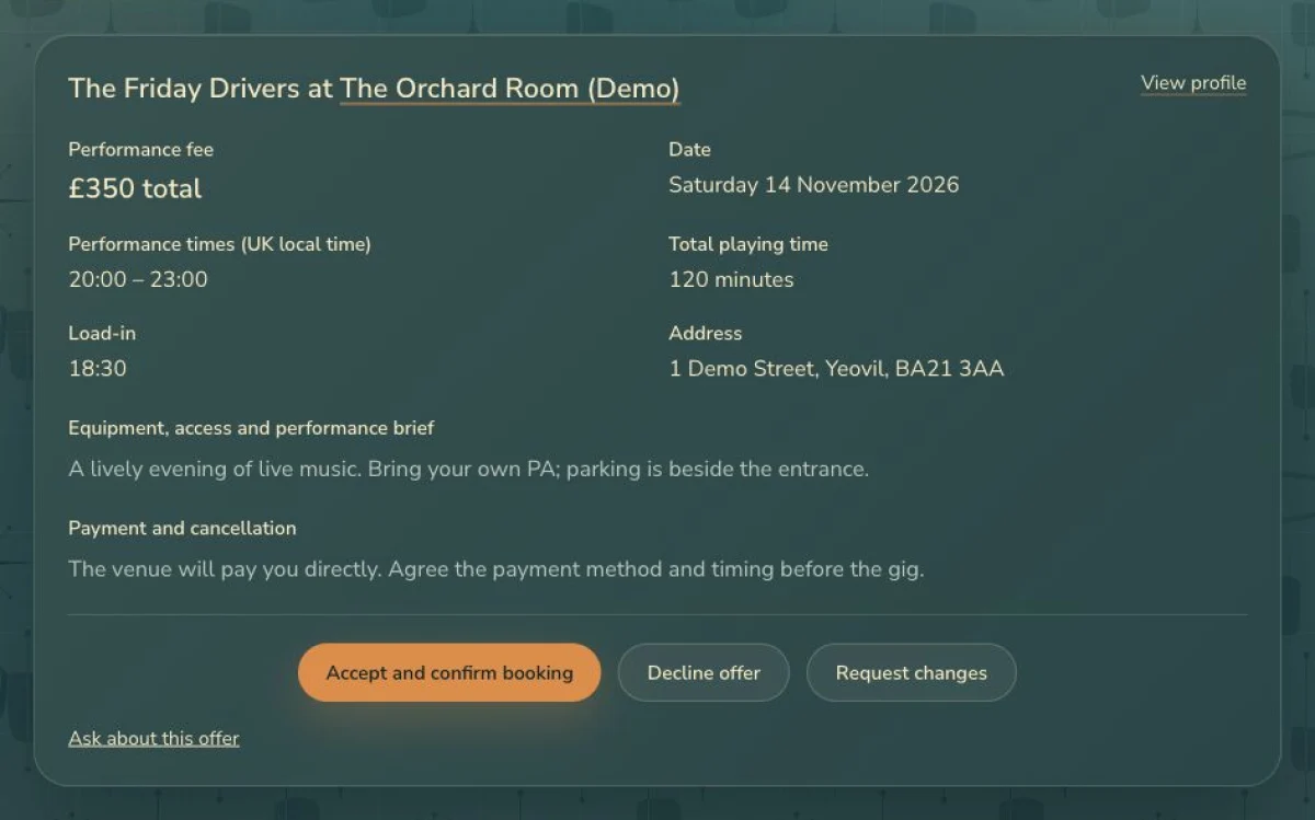 GigFellas band view showing the offer for the same gig, including the date, times and fee.